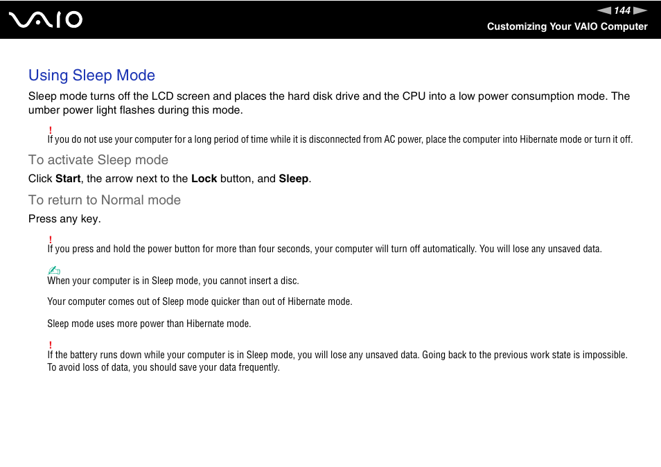 Using sleep mode | Sony VGN-BX740 User Manual | Page 144 / 231