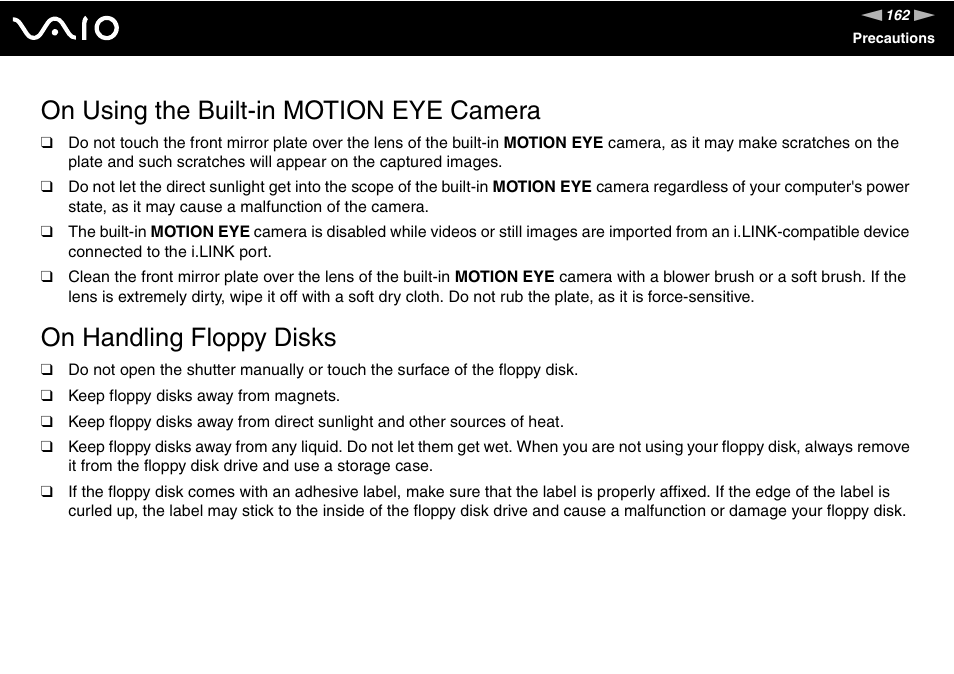 On using the built-in motion eye camera, On handling floppy disks | Sony VGN-BX740 User Manual | Page 162 / 231