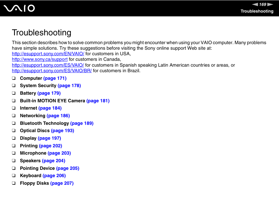 Troubleshooting | Sony VGN-BX740 User Manual | Page 169 / 231