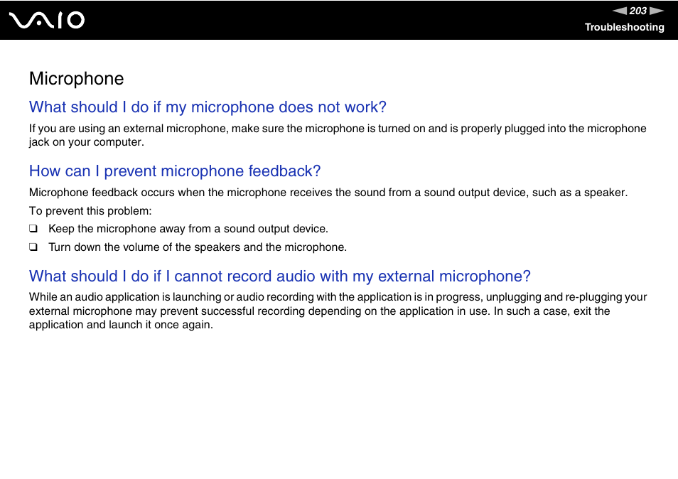 Microphone, What should i do if my microphone does not work, How can i prevent microphone feedback | Sony VGN-BX740 User Manual | Page 203 / 231