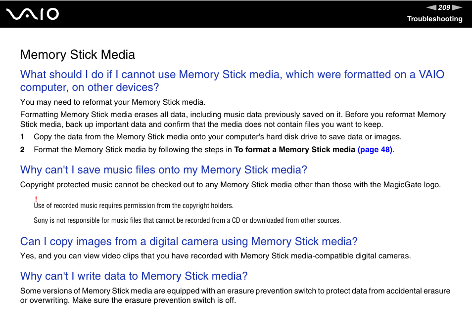 Memory stick media | Sony VGN-BX740 User Manual | Page 209 / 231