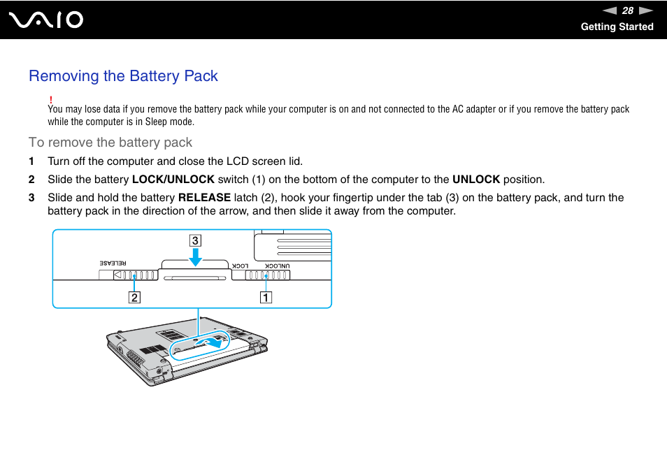 Removing the battery pack | Sony VGN-BX740 User Manual | Page 28 / 231
