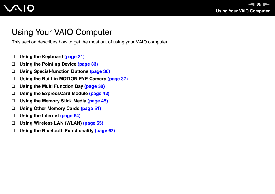 Using your vaio computer | Sony VGN-BX740 User Manual | Page 30 / 231