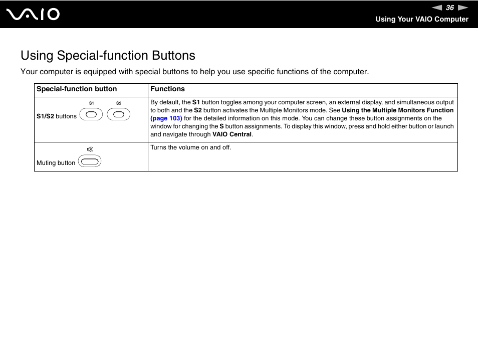 Using special-function buttons | Sony VGN-BX740 User Manual | Page 36 / 231
