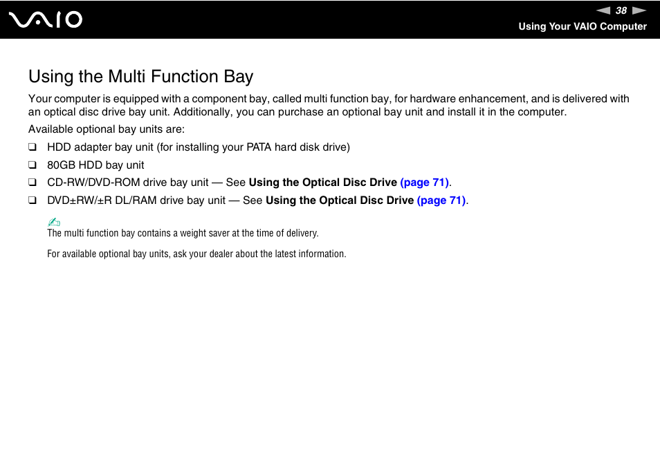Using the multi function bay | Sony VGN-BX740 User Manual | Page 38 / 231