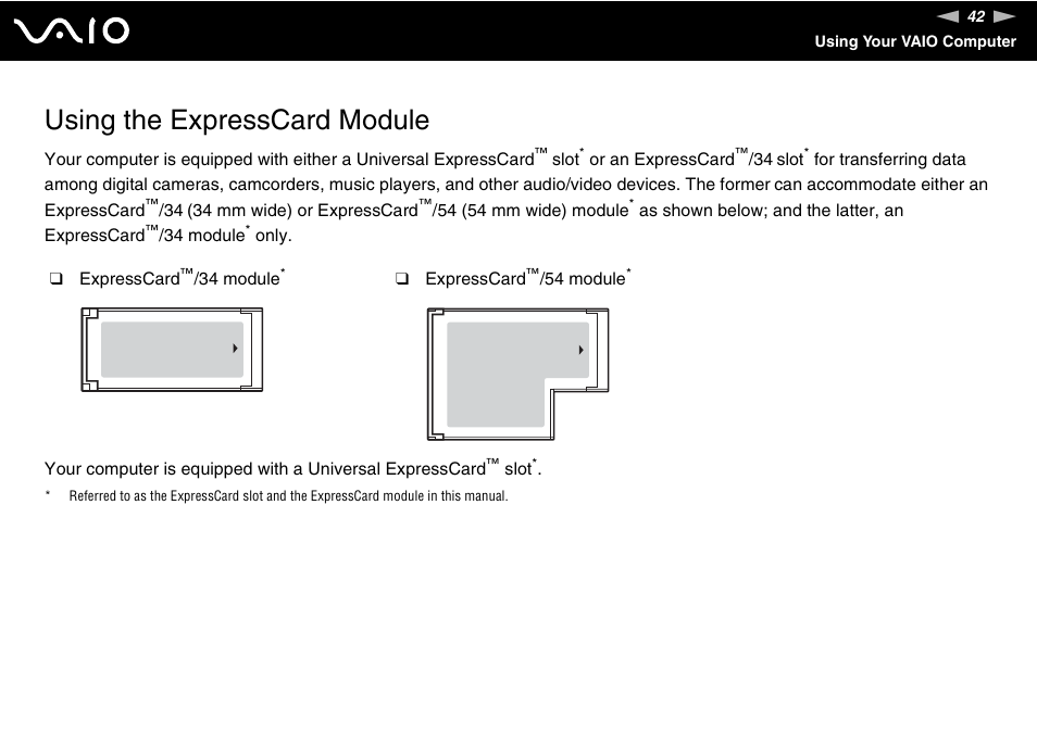 Using the expresscard module | Sony VGN-BX740 User Manual | Page 42 / 231
