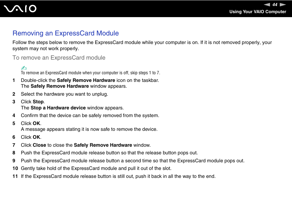 Removing an expresscard module | Sony VGN-BX740 User Manual | Page 44 / 231
