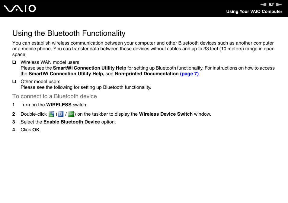 Using the bluetooth functionality | Sony VGN-BX740 User Manual | Page 62 / 231
