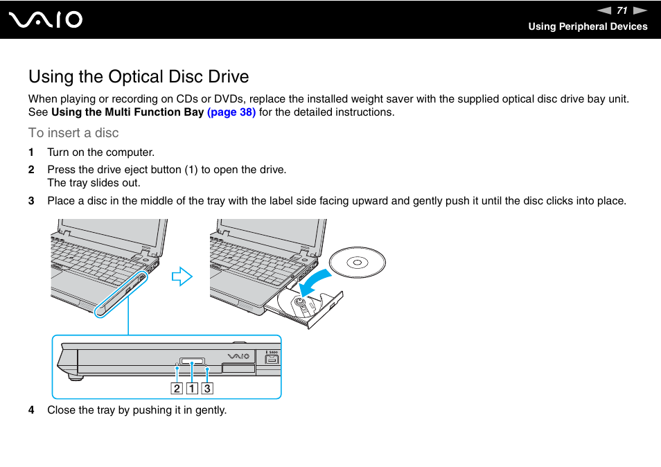 Using the optical disc drive | Sony VGN-BX740 User Manual | Page 71 / 231