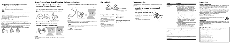 Playing music, Troubleshooting, Precautions | Sony NWZ-W273BLK User Manual | Page 2 / 2