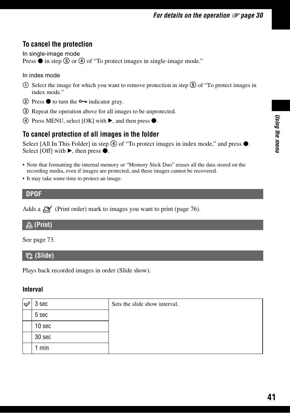 Dpof, Print), Slide) | Sony DSC-W30 User Manual | Page 41 / 107