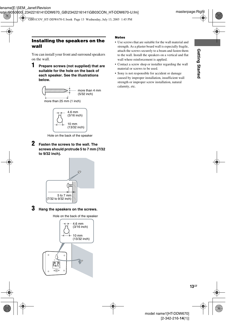 Installing the speakers on the wall | Sony HT-DDW670 User Manual | Page 13 / 44