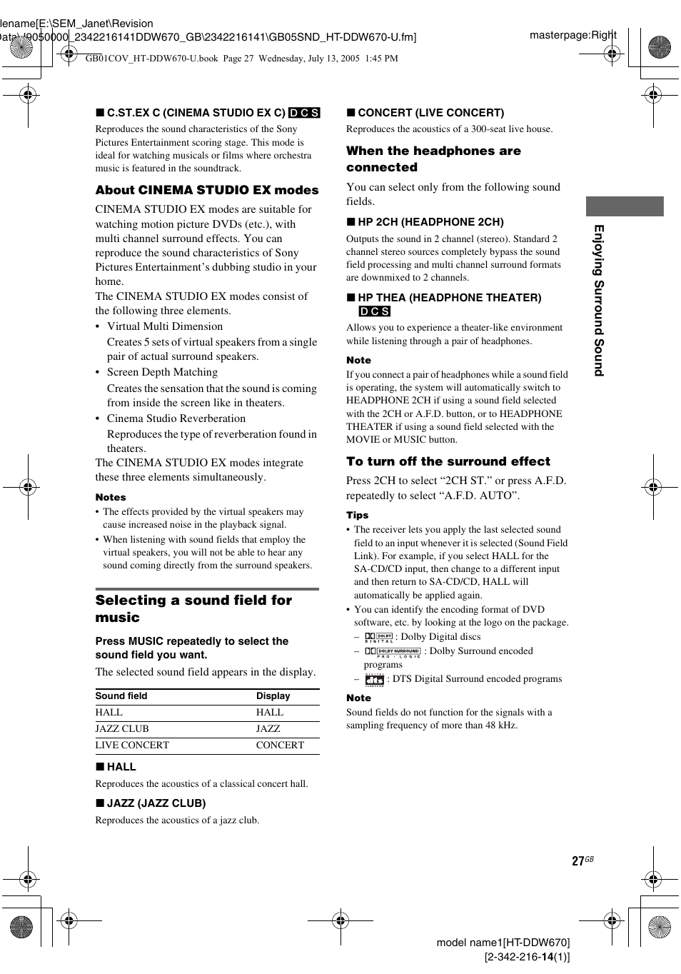 Selecting a sound field for music | Sony HT-DDW670 User Manual | Page 27 / 44
