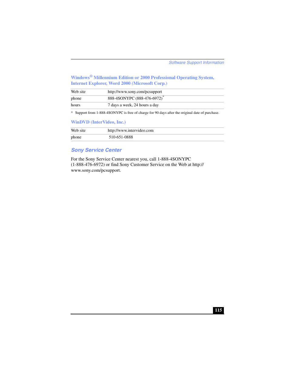 Sony service center | Sony PCG-FX270K User Manual | Page 115 / 138