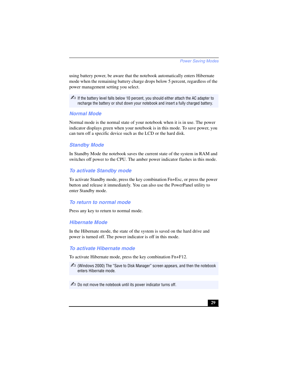 Normal mode, Standby mode, To activate standby mode | To return to normal mode, Hibernate mode, To activate hibernate mode | Sony PCG-FX270K User Manual | Page 29 / 138