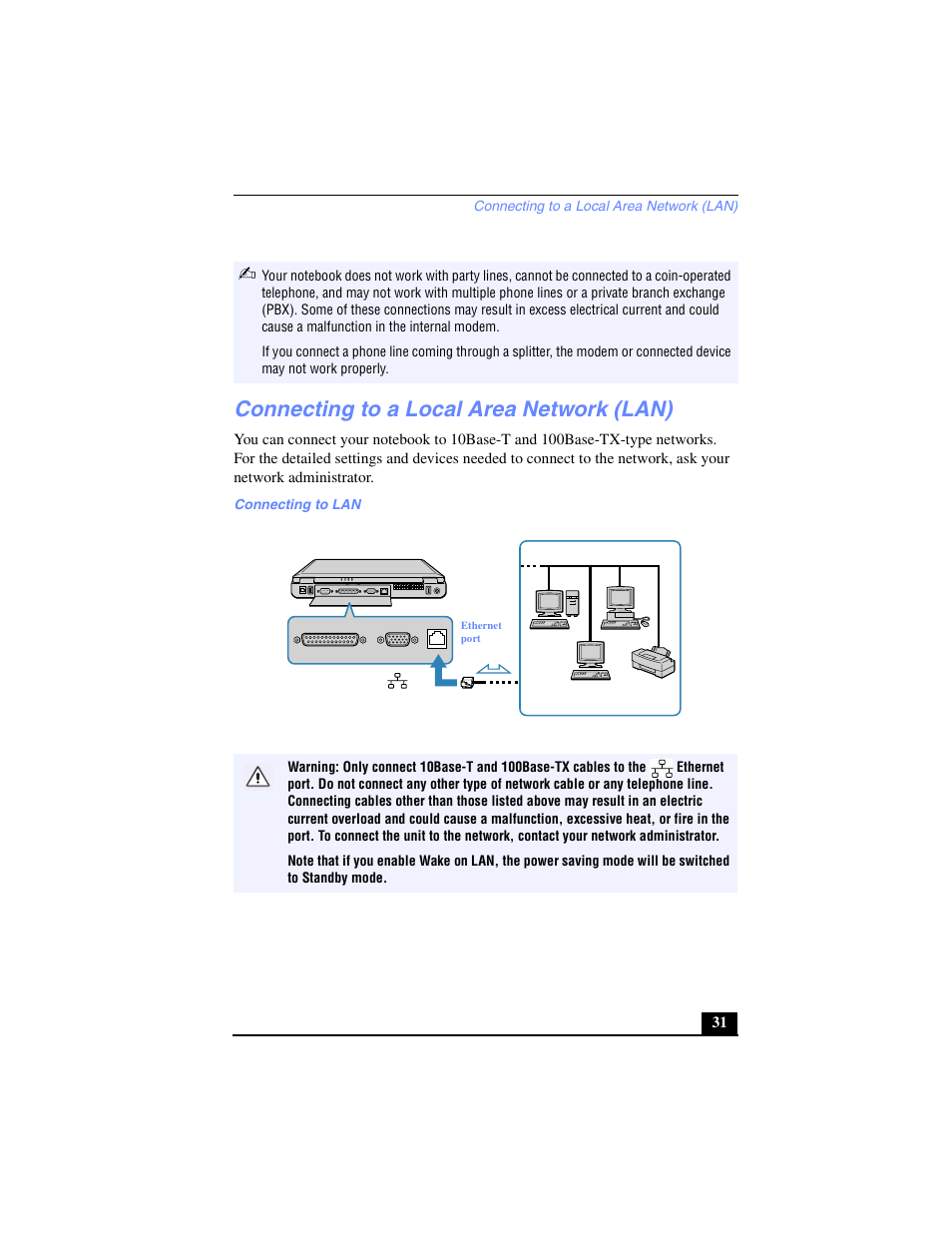 Connecting to a local area network (lan) | Sony PCG-FX270K User Manual | Page 31 / 138