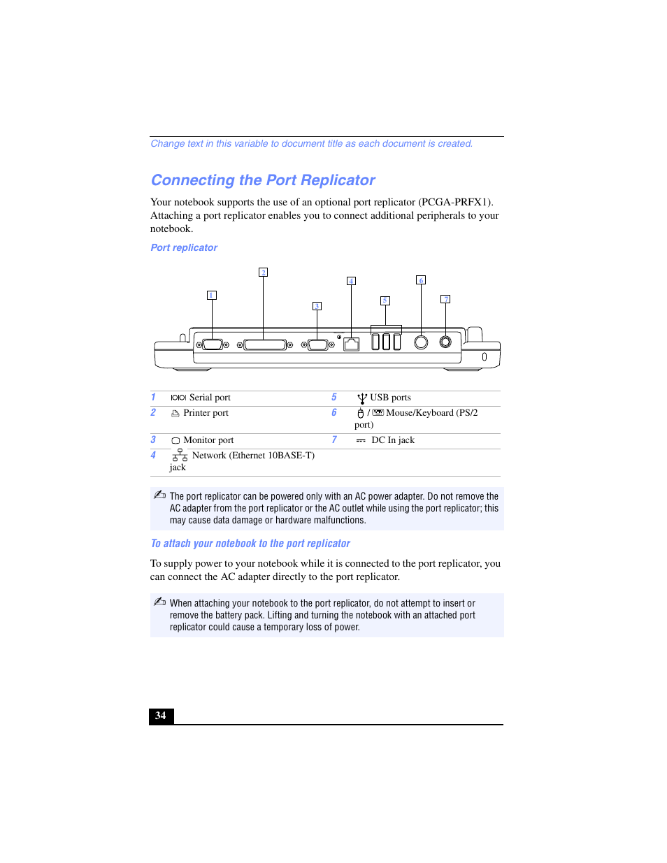 Connecting the port replicator | Sony PCG-FX270K User Manual | Page 34 / 138