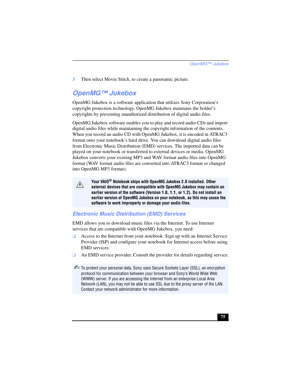 Openmg™ jukebox, Electronic music distribution (emd) services | Sony PCG-FX270K User Manual | Page 75 / 138