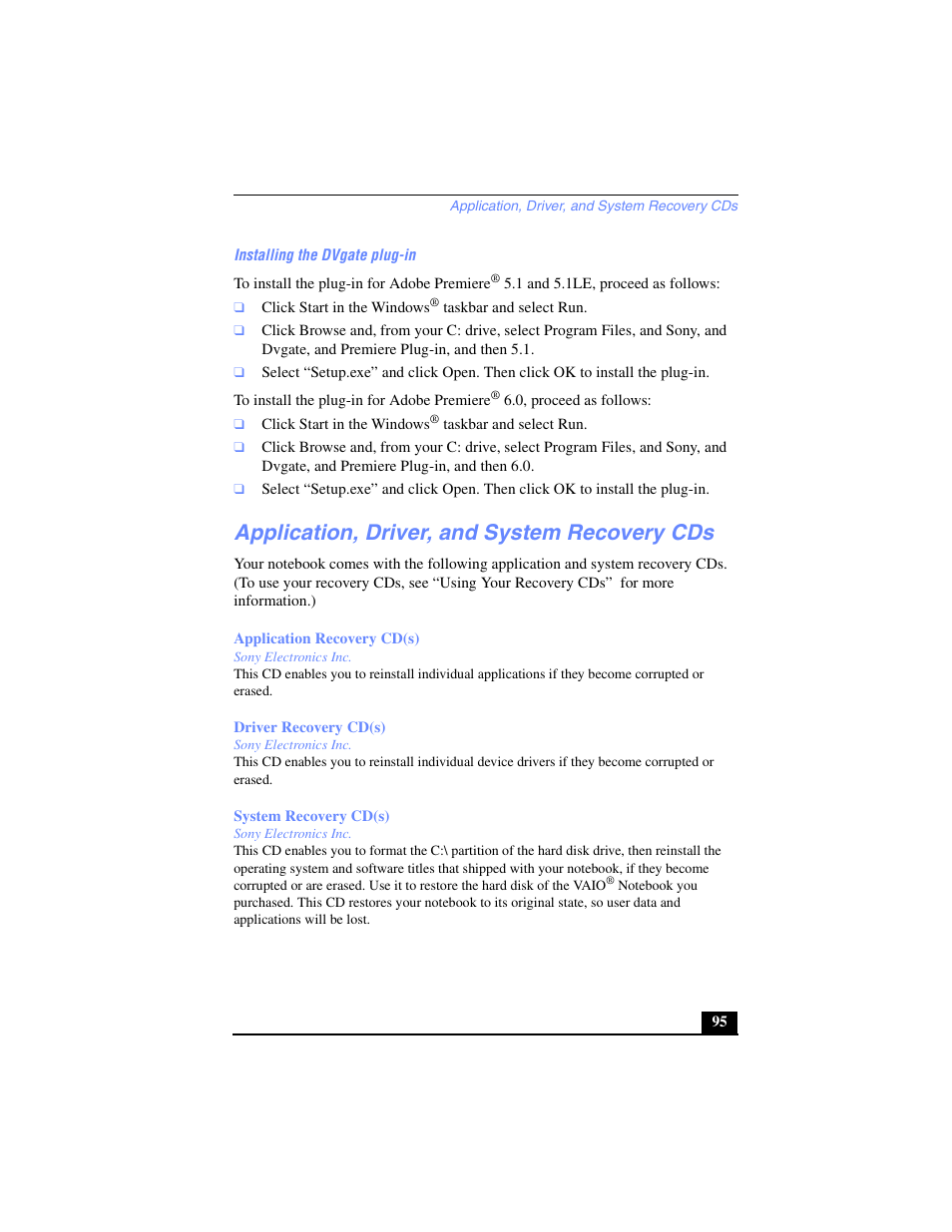 Application, driver, and system recovery cds | Sony PCG-FX270K User Manual | Page 95 / 138