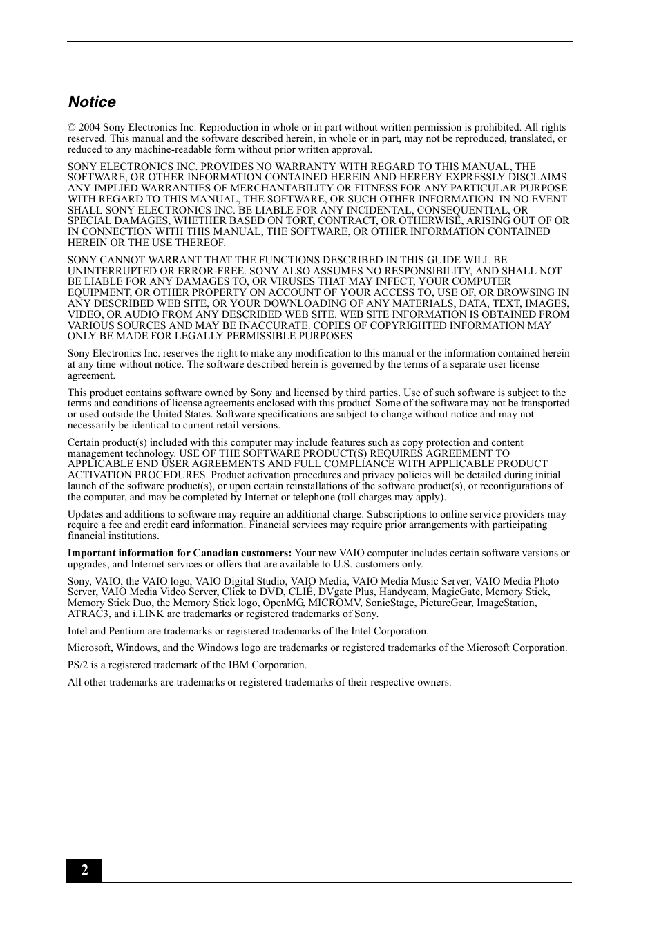 2notice | Sony VGC-RA820G User Manual | Page 2 / 72