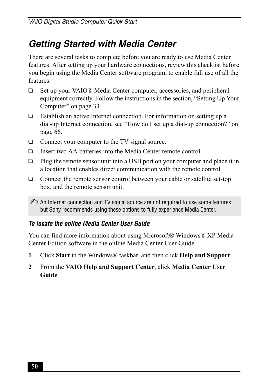 Getting started with media center | Sony VGC-RA820G User Manual | Page 50 / 72