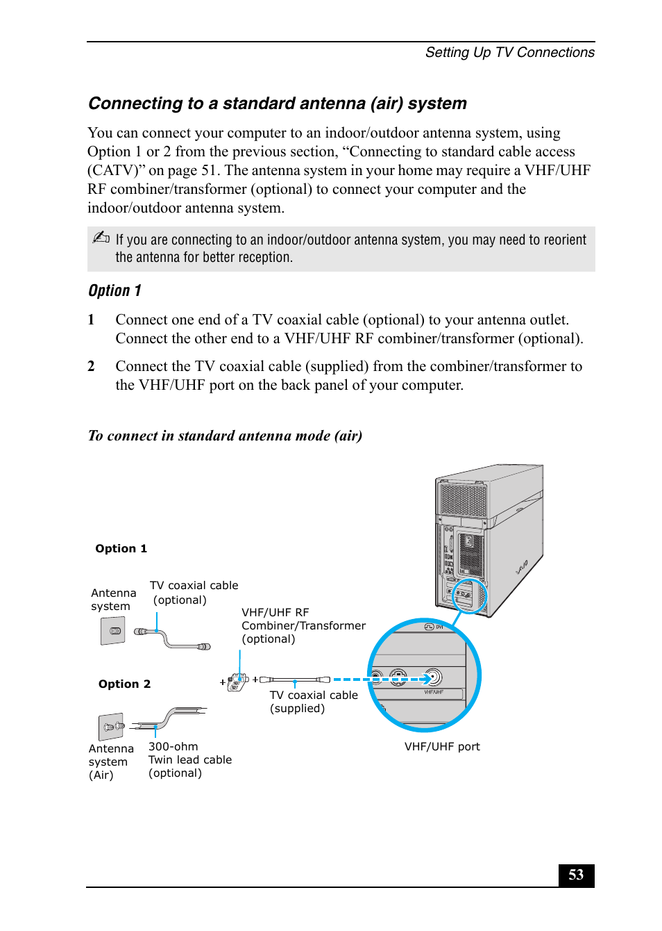 Connecting to a standard antenna (air) system | Sony VGC-RA820G User Manual | Page 53 / 72