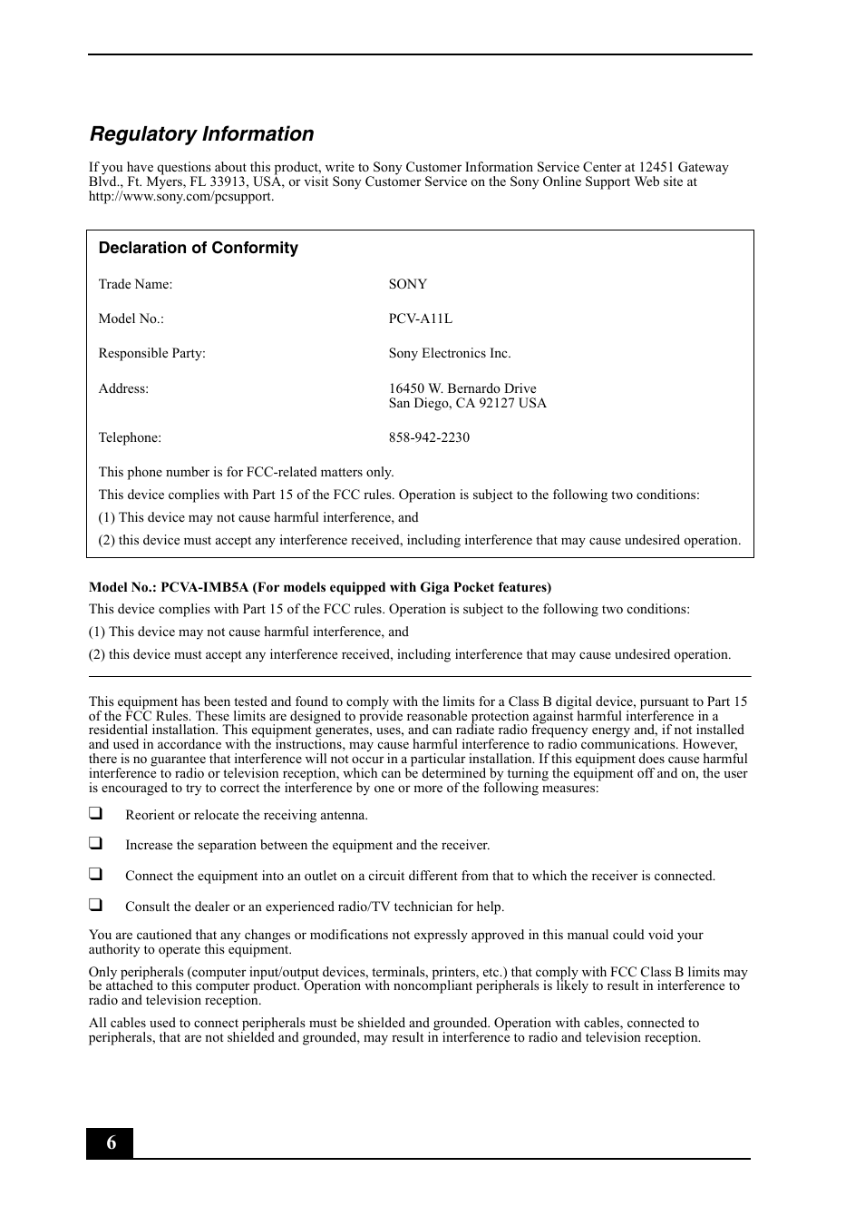 6regulatory information | Sony VGC-RA820G User Manual | Page 6 / 72