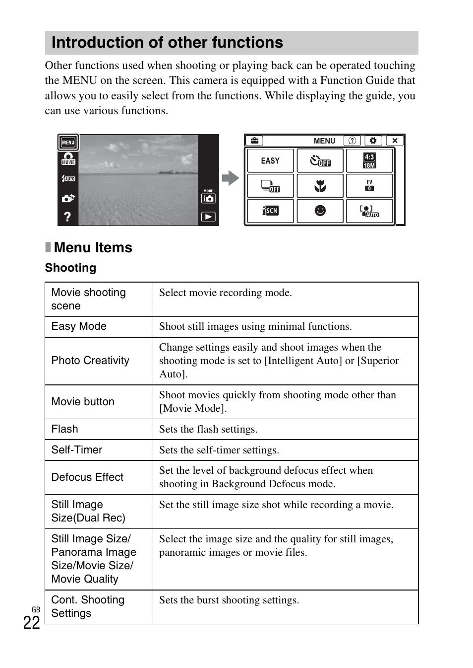 Introduction of other functions, Xmenu items | Sony DSC-TX200V User Manual | Page 22 / 68