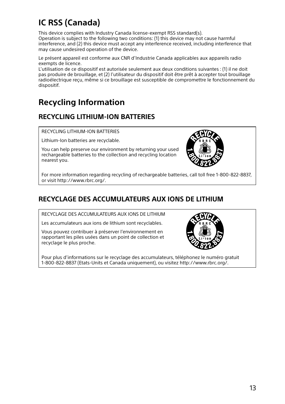 Ic rss (canada), Recycling information, Recycling lithium-ion batteries | Recyclage des accumulateurs aux ions de lithium | Sony SVJ20214CYB User Manual | Page 13 / 36