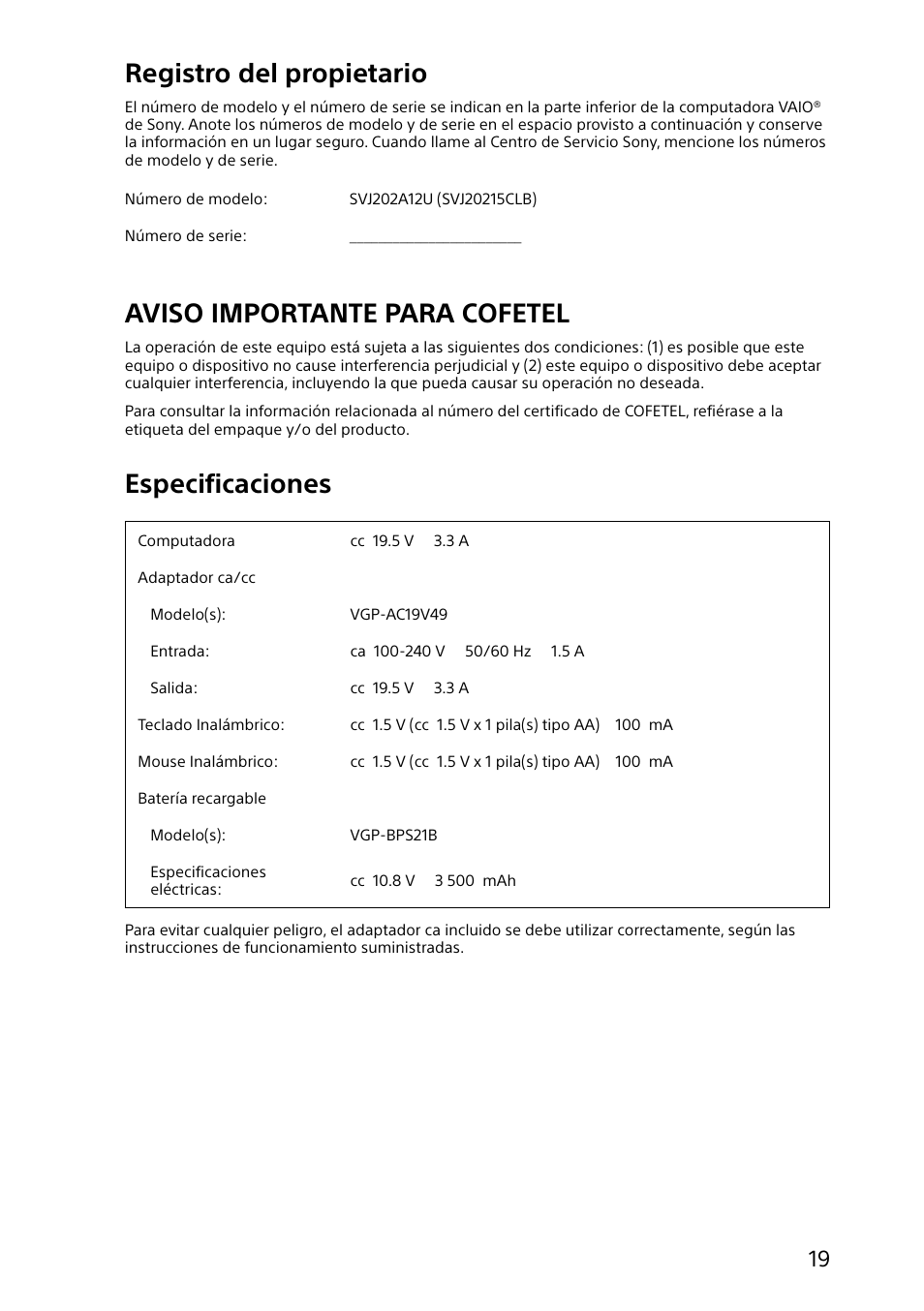 Registro del propietario, Aviso importante para cofetel, Especificaciones | Sony SVJ20214CYB User Manual | Page 19 / 36