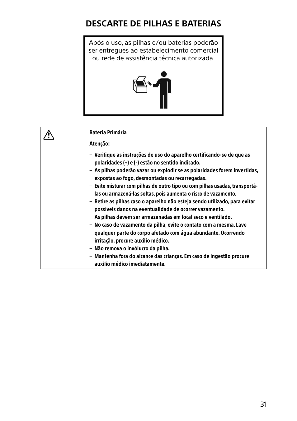 Descarte de pilhas e baterias | Sony SVJ20214CYB User Manual | Page 31 / 36