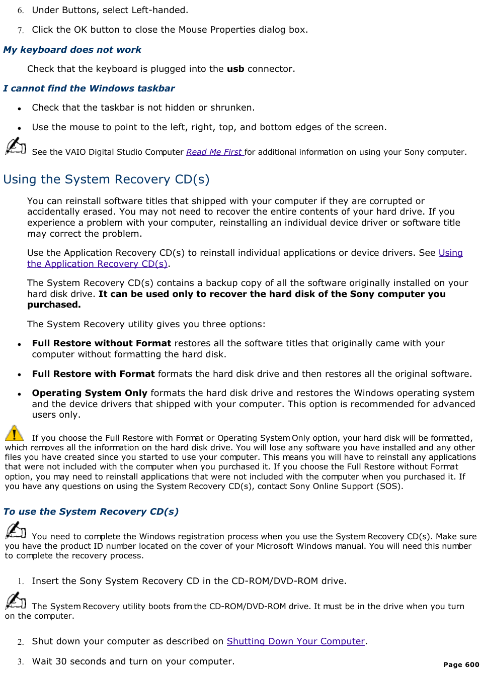 Using the system recovery cd(s) | Sony PCV-E314DS User Manual | Page 600 / 855
