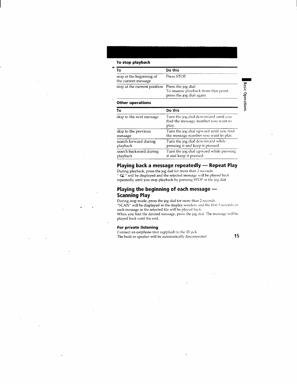 To stop playback, Playing back a message repeatedly — repeat play, For private listening | Sony ICD-80 User Manual | Page 15 / 52