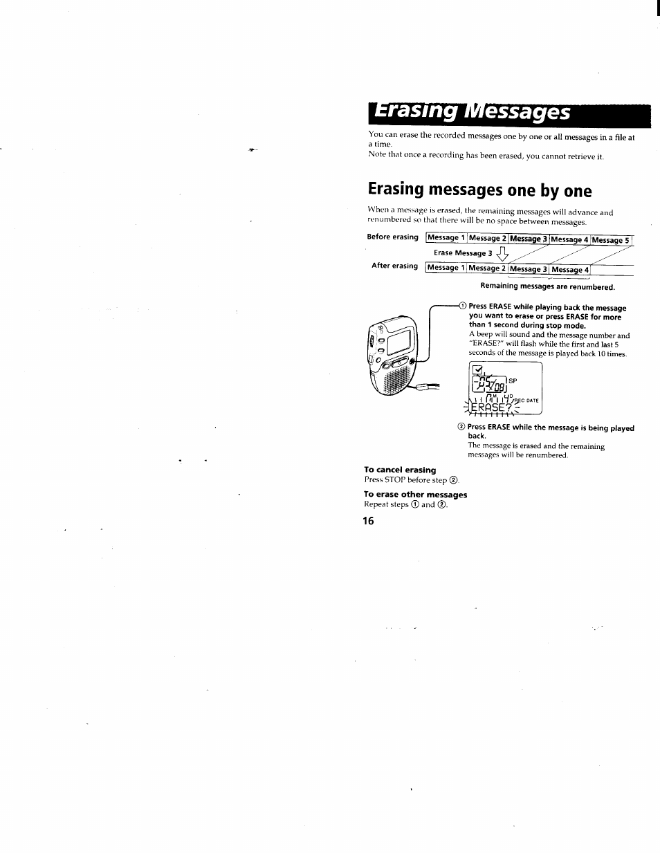 Erpse?c, Rasing messages, Erasing messages one by one | Sony ICD-80 User Manual | Page 16 / 52