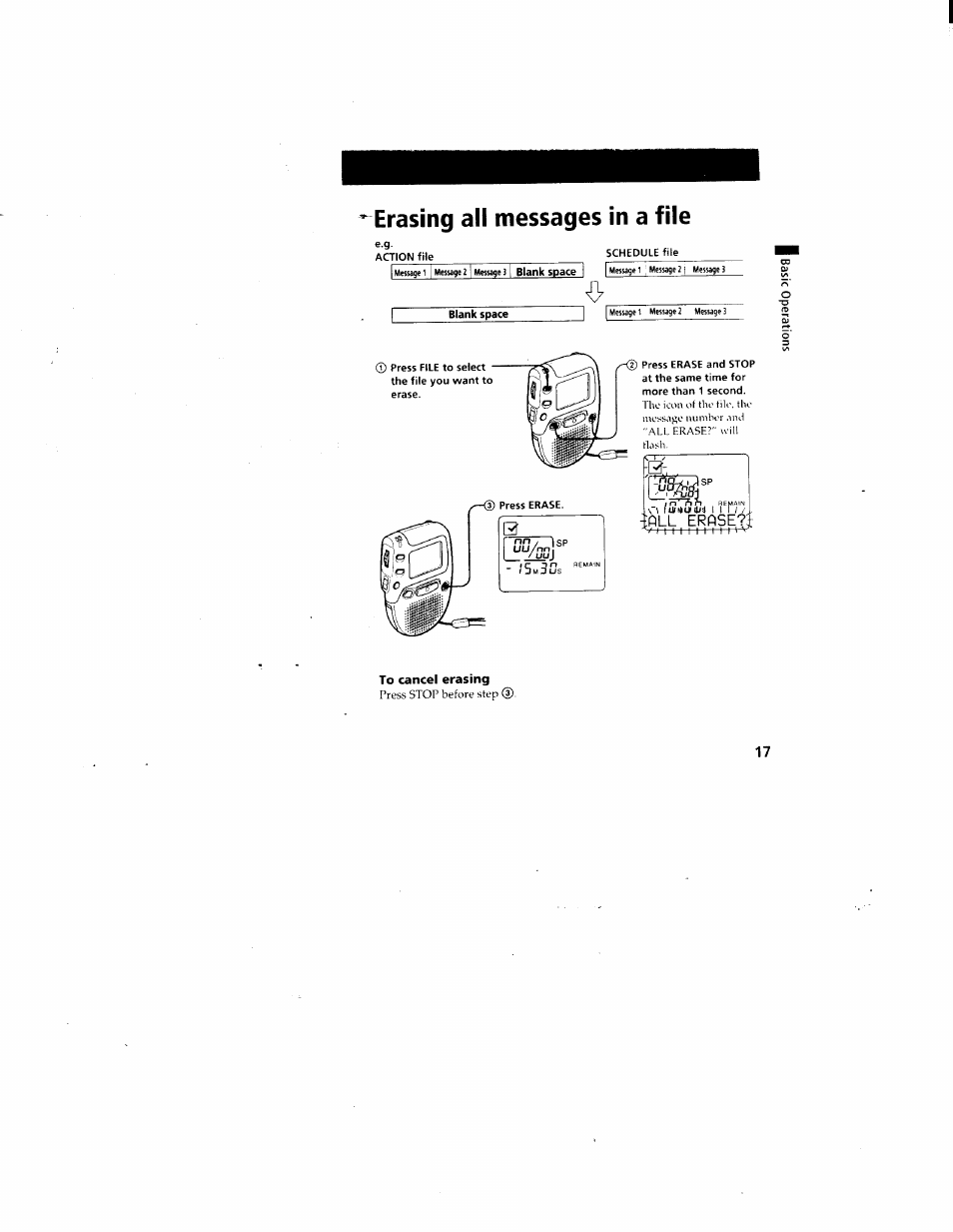 Ifill erase, To cancel erasing, Erasing all messages in a file | Sony ICD-80 User Manual | Page 17 / 52