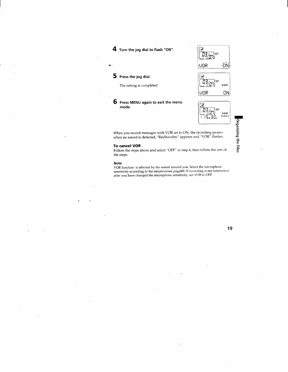 4 turn the jog dial to flash "on, 5 press the jog dial, 6 press menu again to exit the menu mode | To cancel vor | Sony ICD-80 User Manual | Page 19 / 52