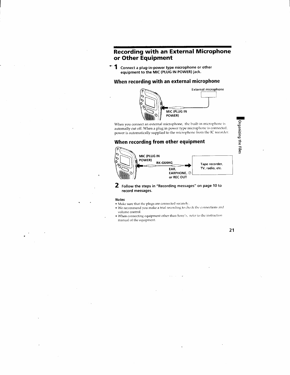When recording with an external microphone, When recording from other equipment | Sony ICD-80 User Manual | Page 21 / 52