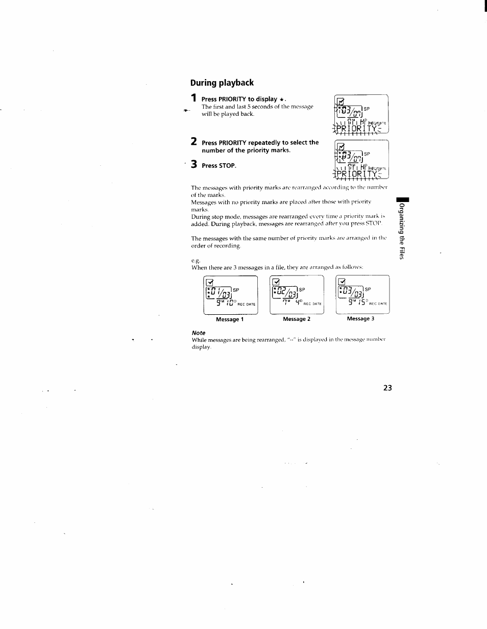 During playback, 1 press priority to display, 3 press stop | Ipriorityc | Sony ICD-80 User Manual | Page 23 / 52