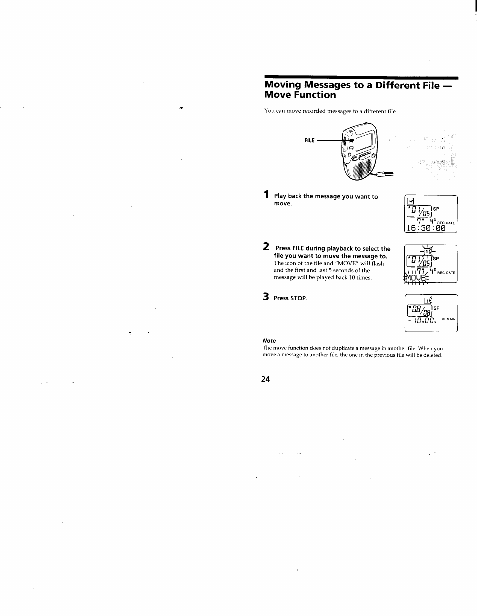 Moving messages to a different file move function, Play back the message you want to move, Press stop | Sony ICD-80 User Manual | Page 24 / 52
