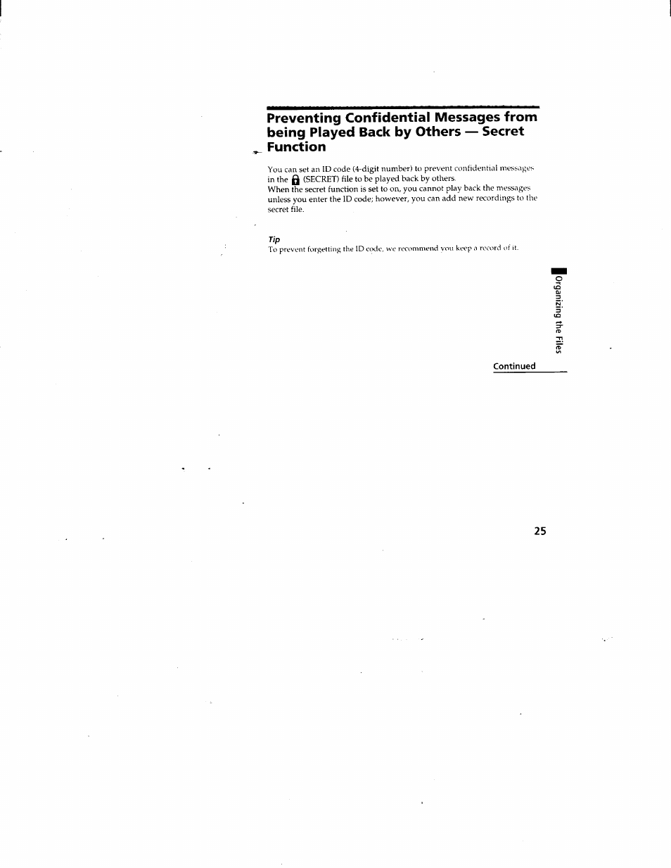 Continued, Secret function | Sony ICD-80 User Manual | Page 25 / 52