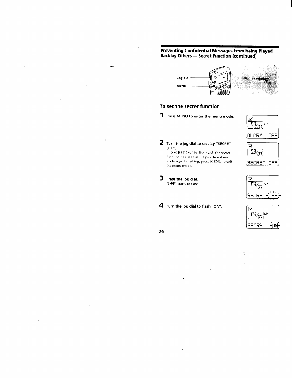 To set the secret function, Alftrm offi | Sony ICD-80 User Manual | Page 26 / 52
