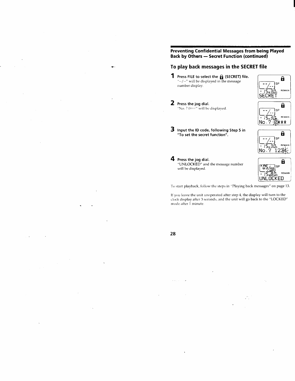 To play back messages in the secret file, 1 press file to select the 0 (secret) file, 2 press the jog dial | 4 press the jog dial, Secret | Sony ICD-80 User Manual | Page 28 / 52