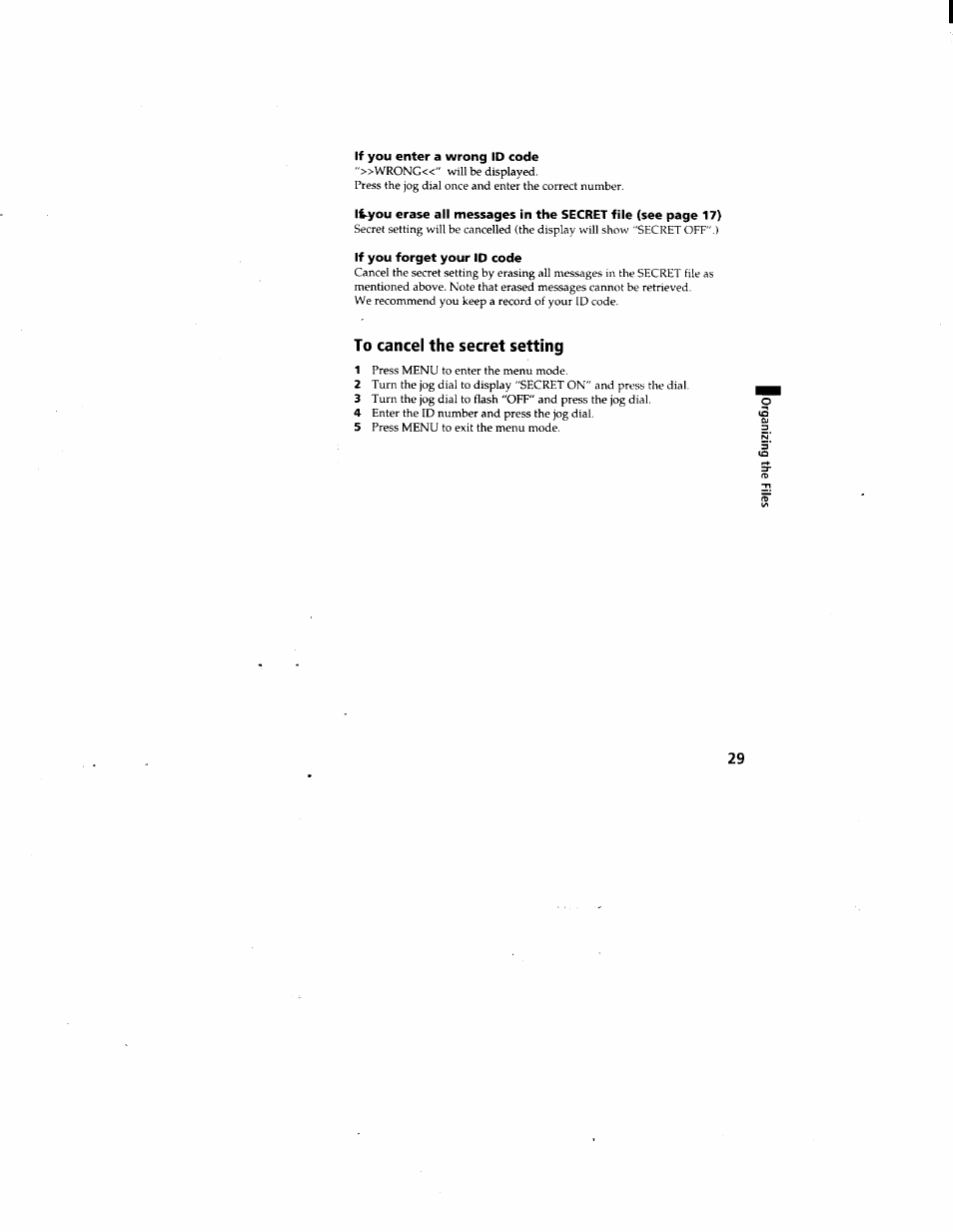 To cancel the secret setting | Sony ICD-80 User Manual | Page 29 / 52