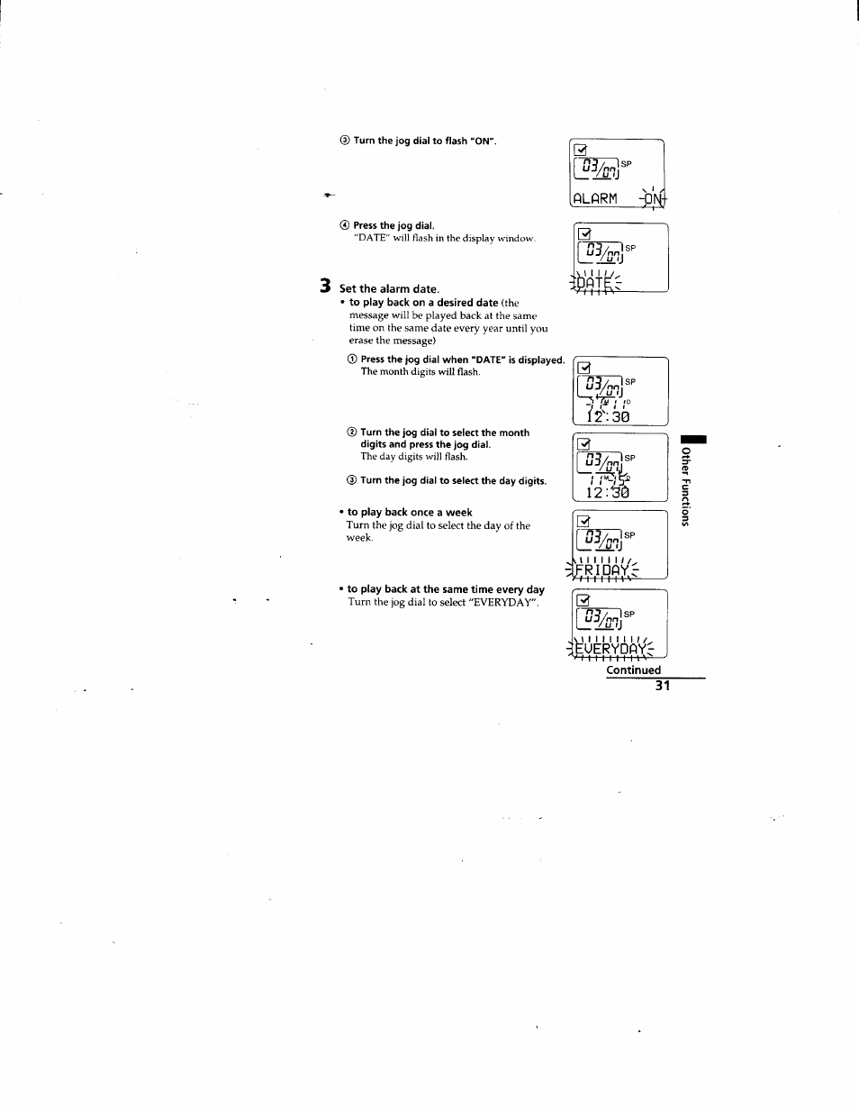 Set the alarm date, To play back once a week, Continued | 0tht ^sp, Ffridpyr, Thuerydflyc | Sony ICD-80 User Manual | Page 31 / 52