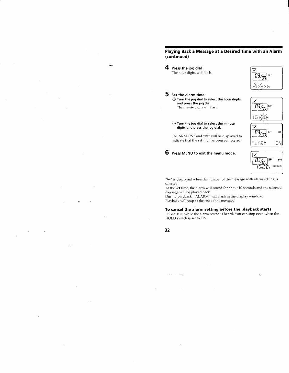 4 press the jog dial, 5 set the alarm time, 6 press menu to exit the menu mode | Alarm | Sony ICD-80 User Manual | Page 32 / 52