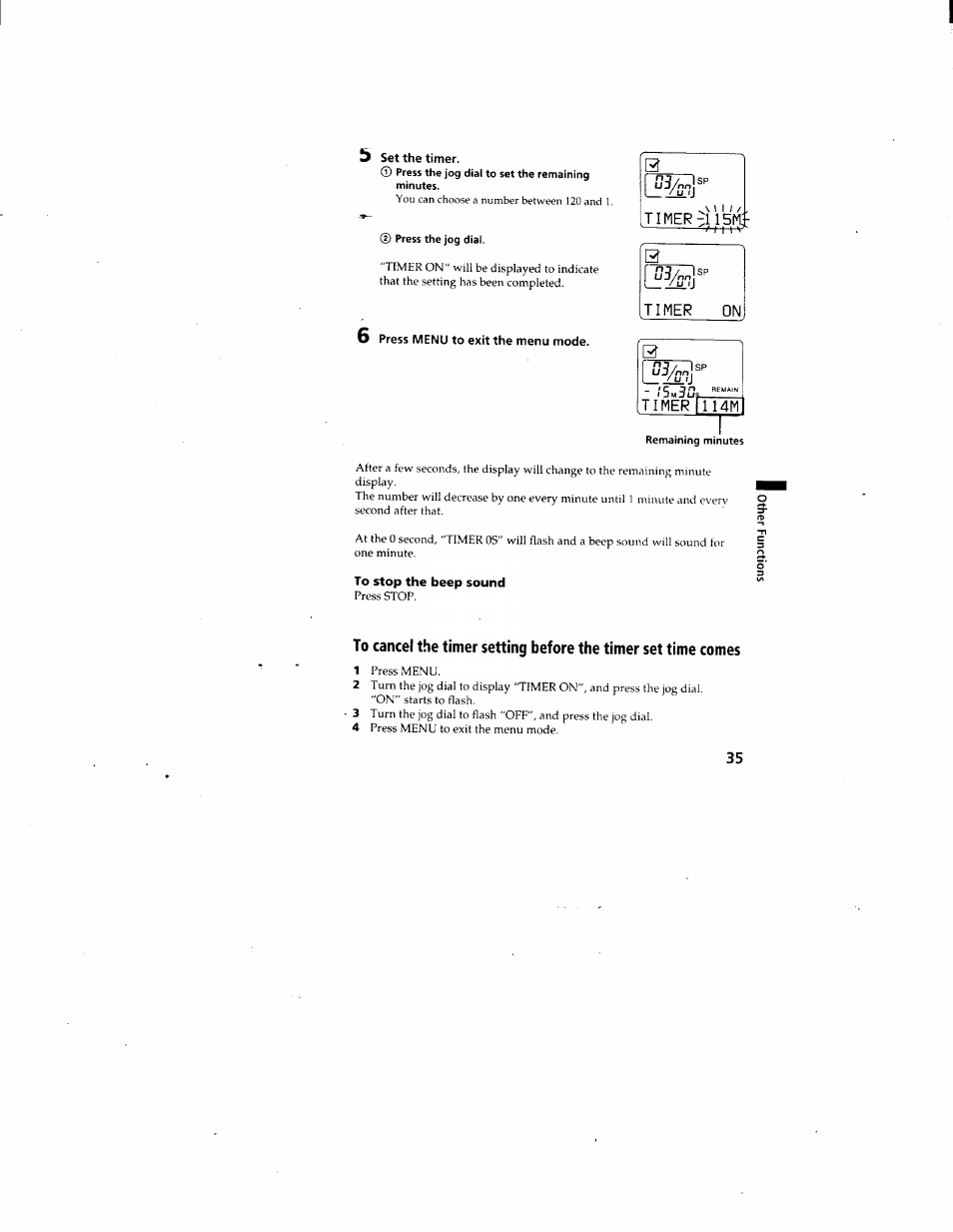 Ь set the timer, 6 press menu to exit the menu mode, Timer гшм | To stop the beep sound | Sony ICD-80 User Manual | Page 35 / 52