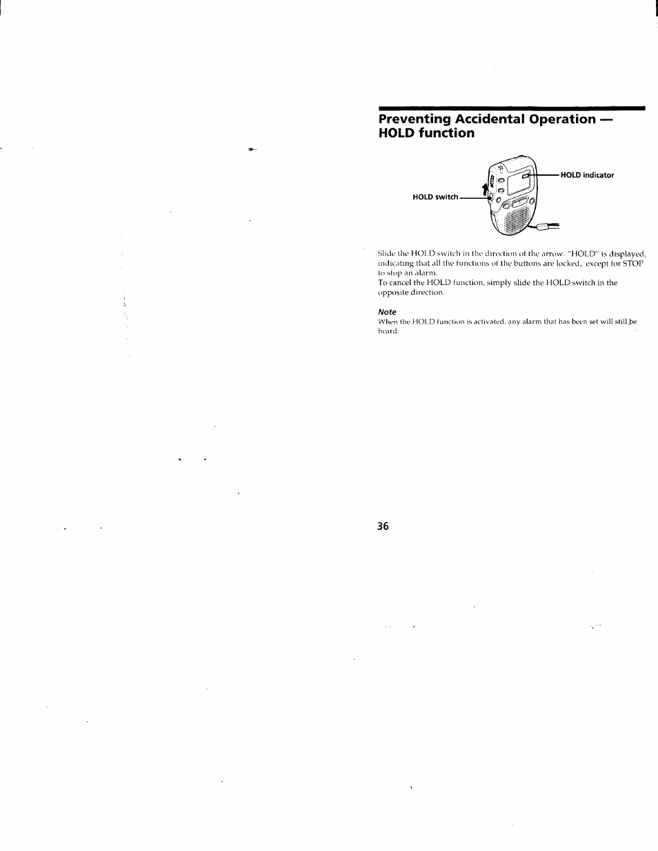 Preventing accidental operation — hold function, Preventing accidental operation, Hold function | Sony ICD-80 User Manual | Page 36 / 52