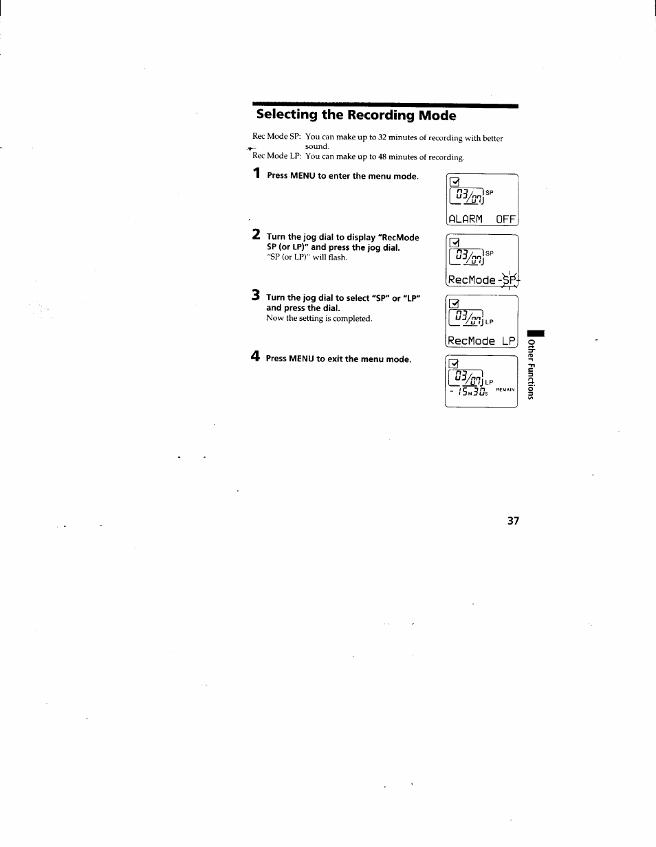 Selecting the recording mode, Plflrm off, Recmode lp | Sony ICD-80 User Manual | Page 37 / 52