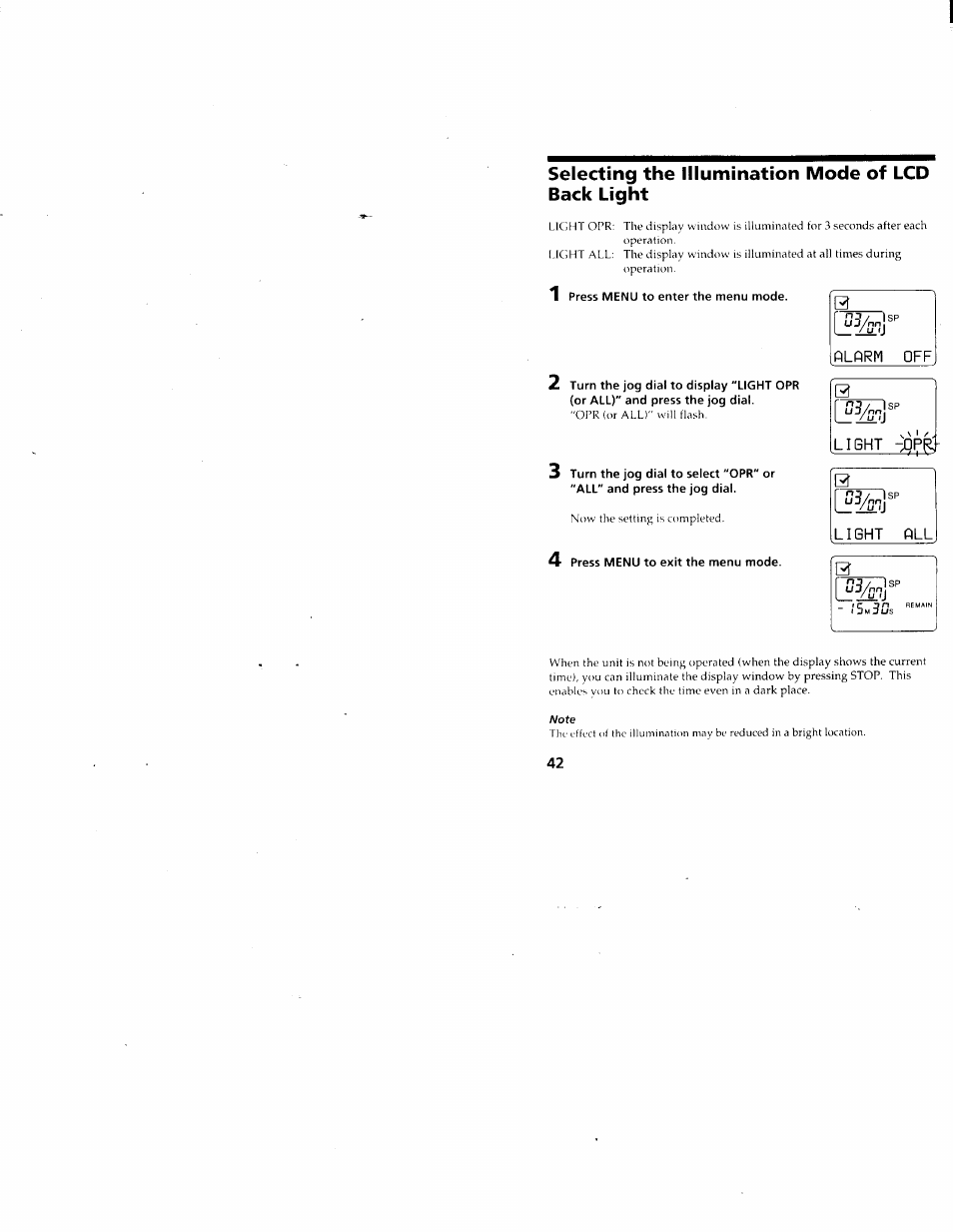 Selecting the illumination mode of lcd back light, 1 press menu to enter the menu mode, 4 press menu to exit the menu mode | Fllorm off | Sony ICD-80 User Manual | Page 42 / 52