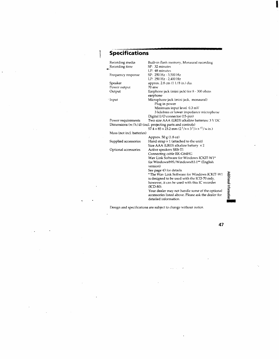 Specifications | Sony ICD-80 User Manual | Page 47 / 52